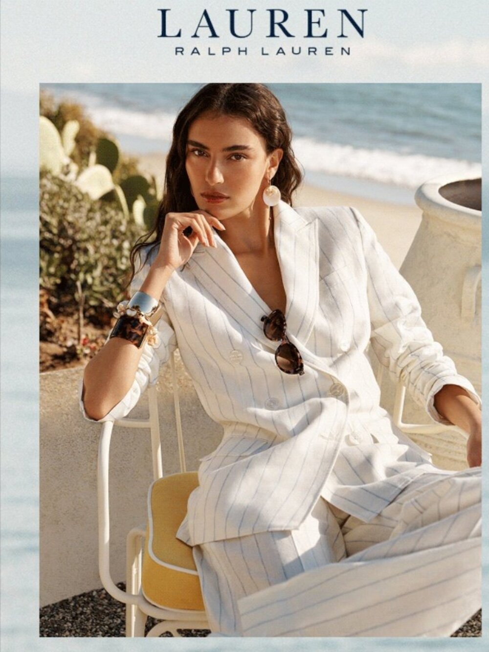 Lauren Ralph Lauren ivory and Blue Striped Straight Leg linen Pants